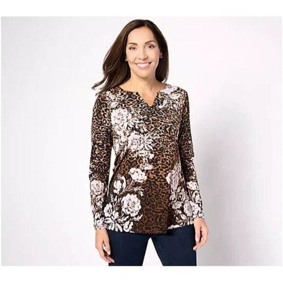 Susan Graver Printed Liqd Knit Neck Long Sleeve Tunic Sand/Ivory Pet XXS A626981 - Picture 1 of 1